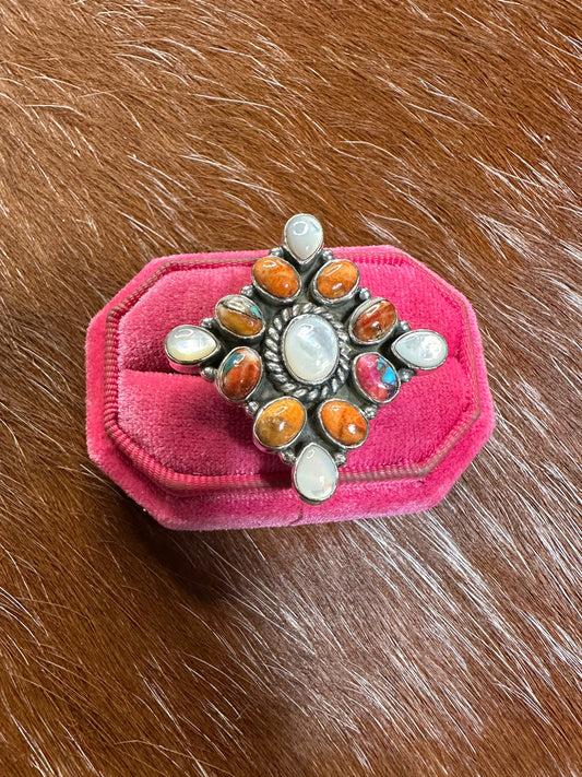 Handmade Pink Dream, Orange Mojave, Mother of Pearl & Sterling Silver Adjustable Ring Signed Nizhoni