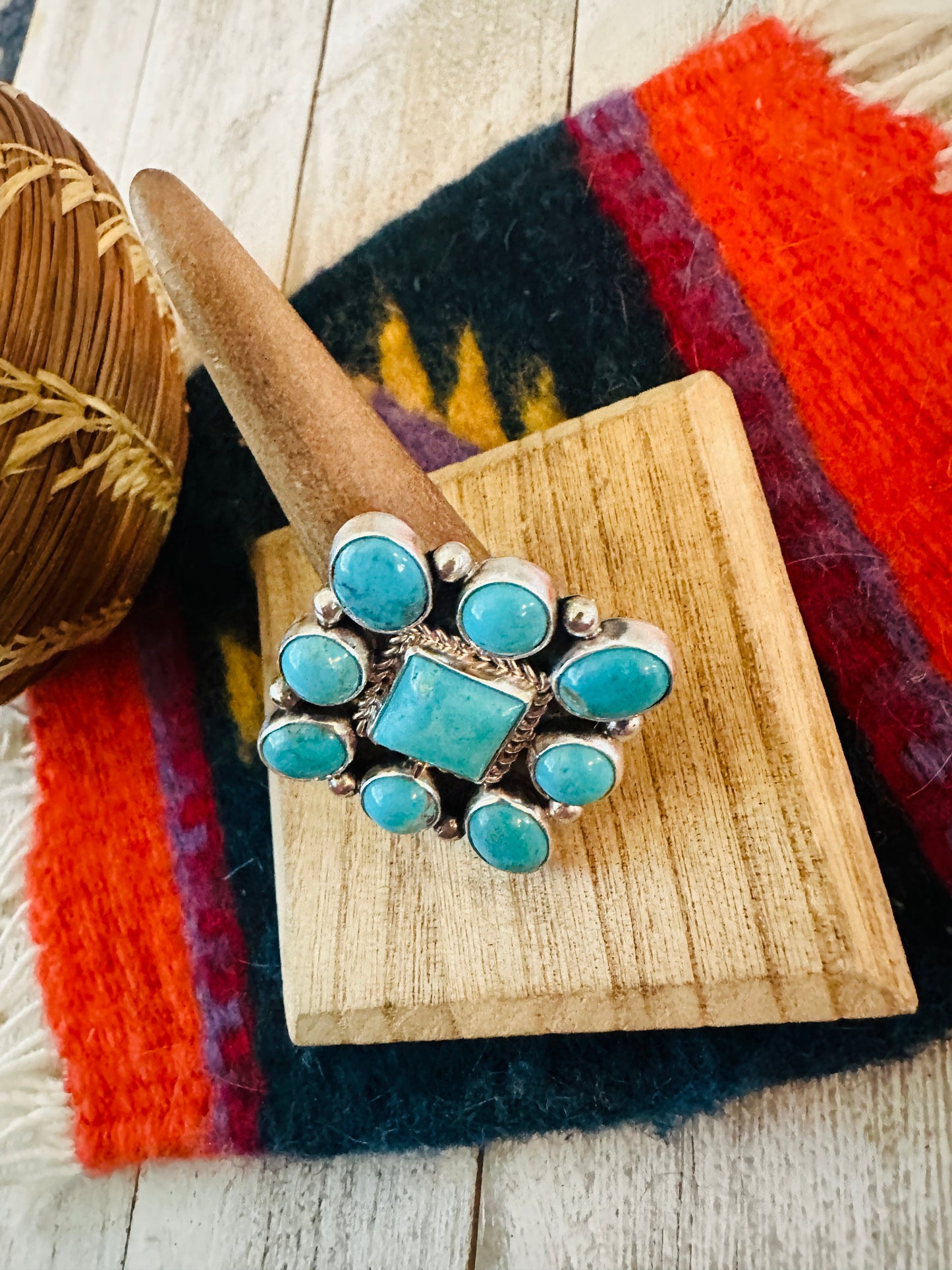 Navajo Sterling Silver & Turquoise Cluster Adjustable Ring
