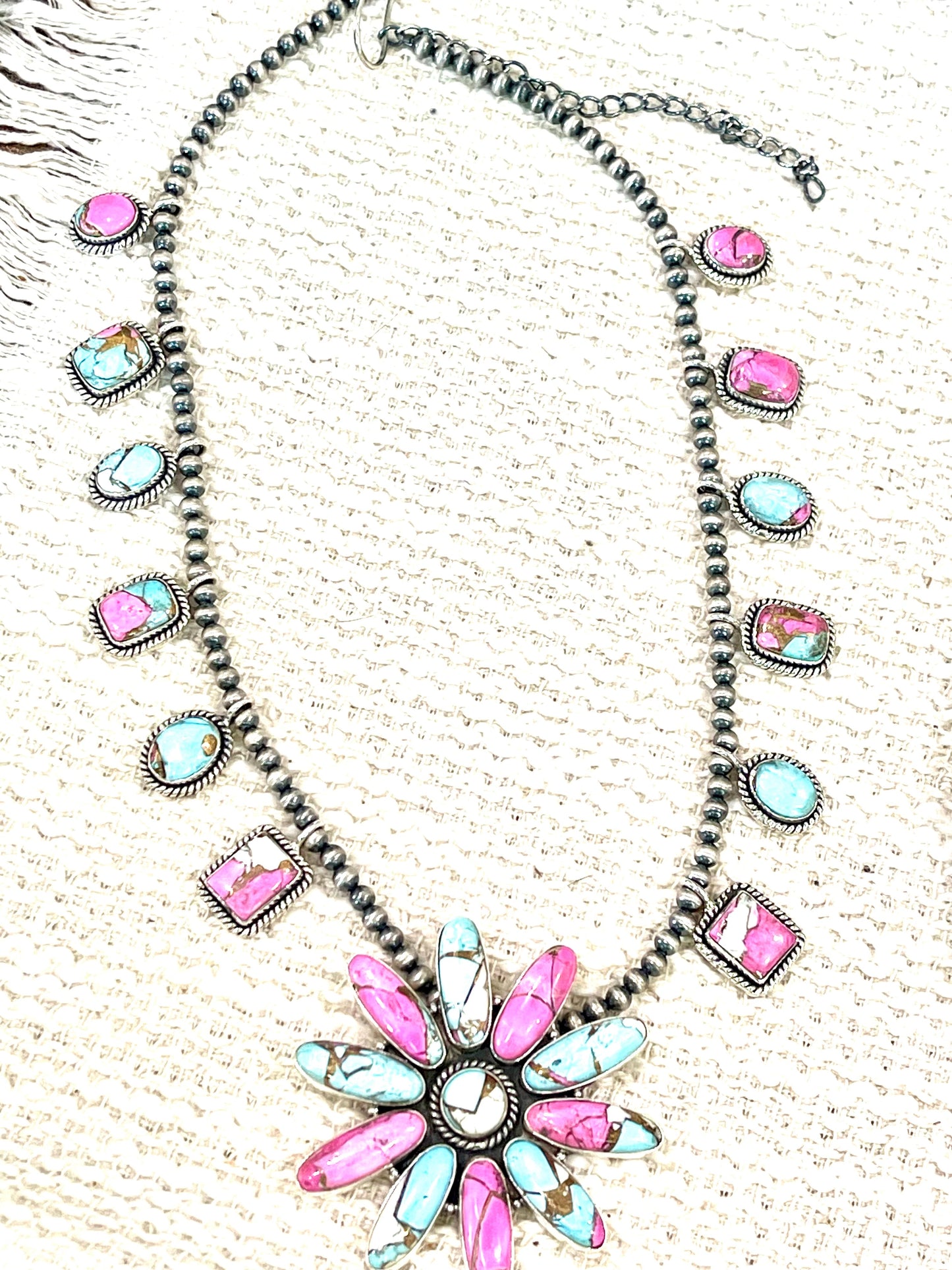 Handmade Sterling Silver Cotton Candy Turquoise Necklace with Signed Nizhoni