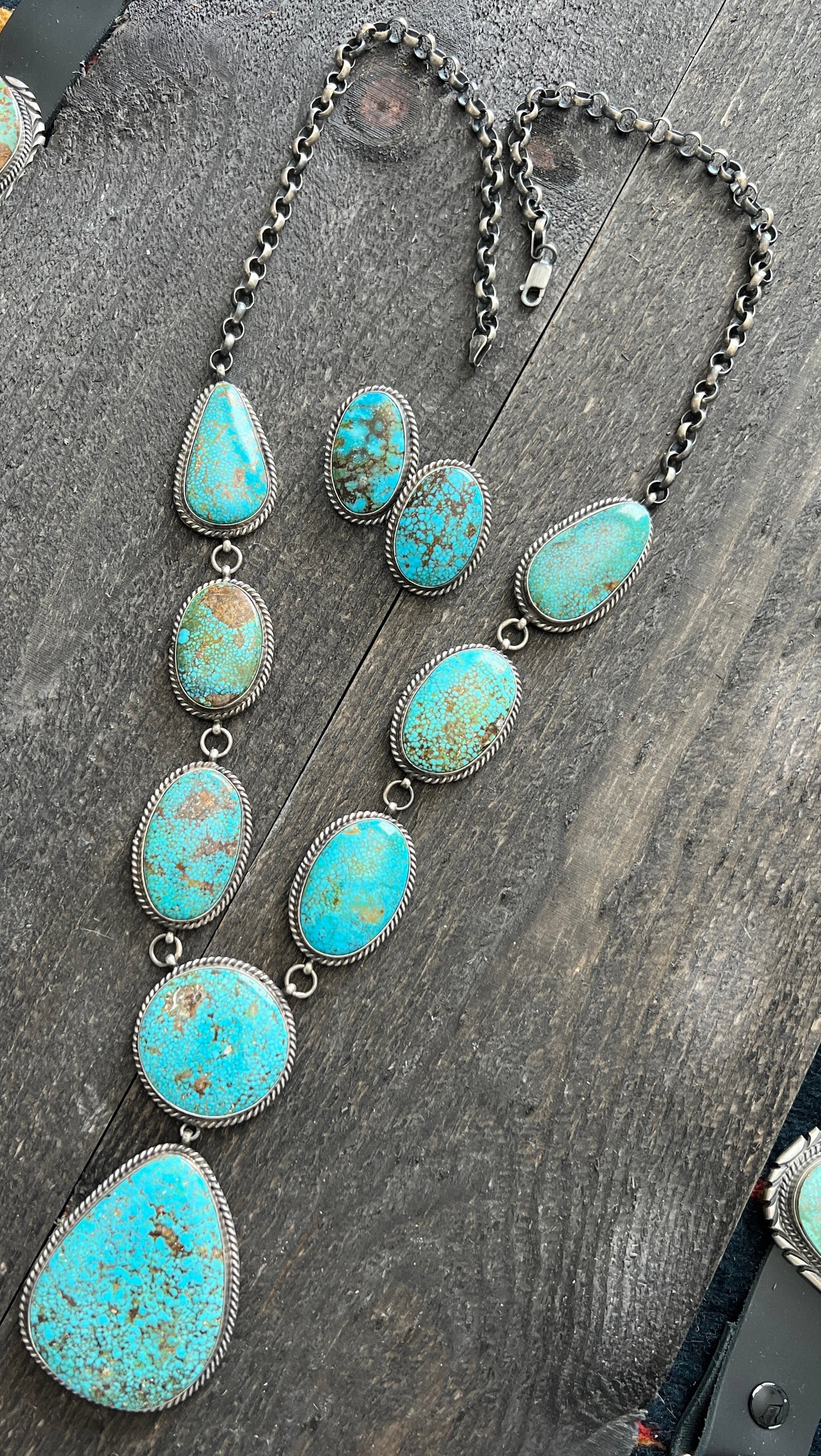 Navajo Sterling Silver and Birdseye Kingman Turquoise Y-Style Lariat Necklace and Earrings Set by Peggy Skeets