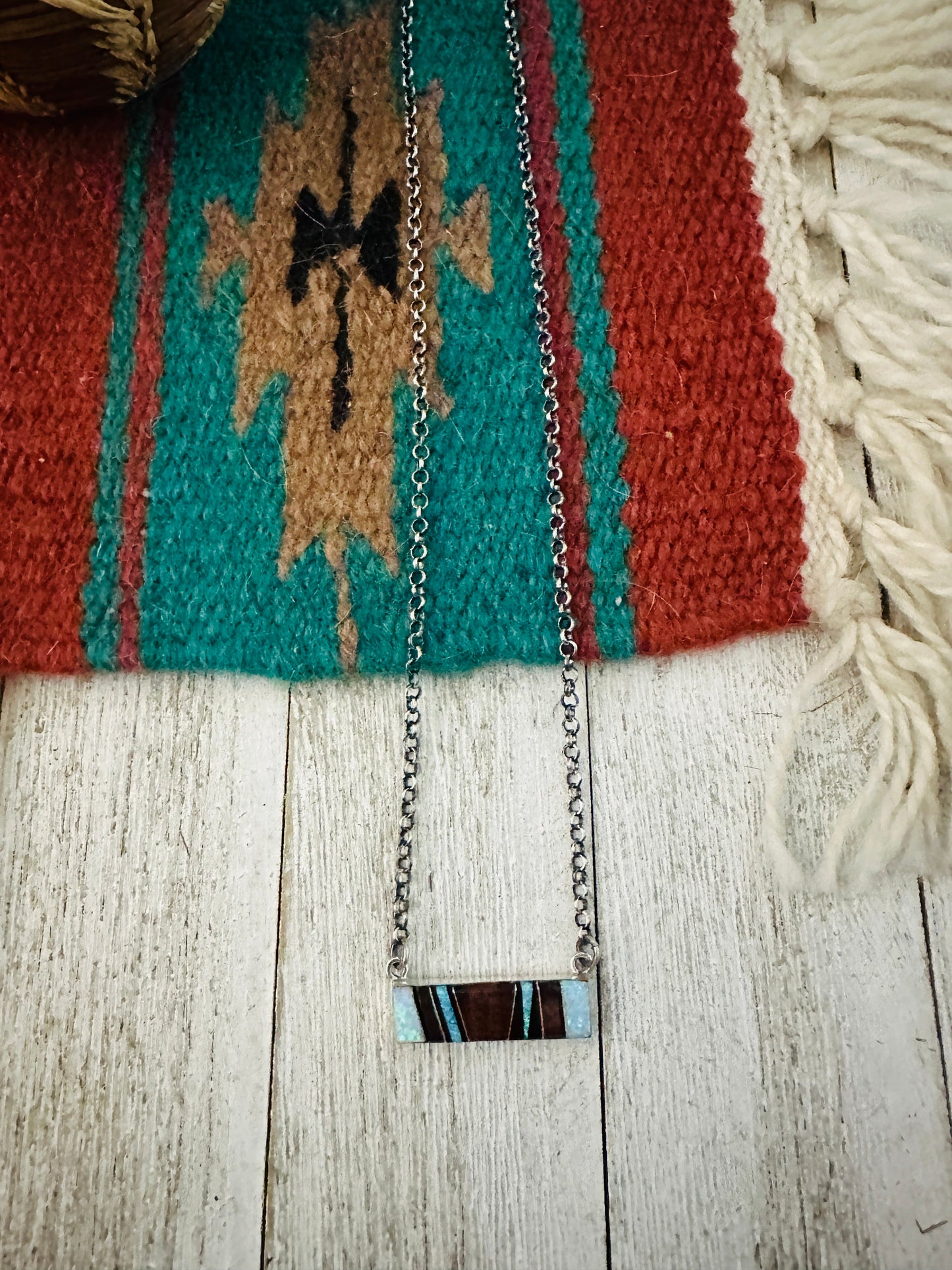 Navajo Multi Stone & Sterling Silver Inlay Bar Necklace