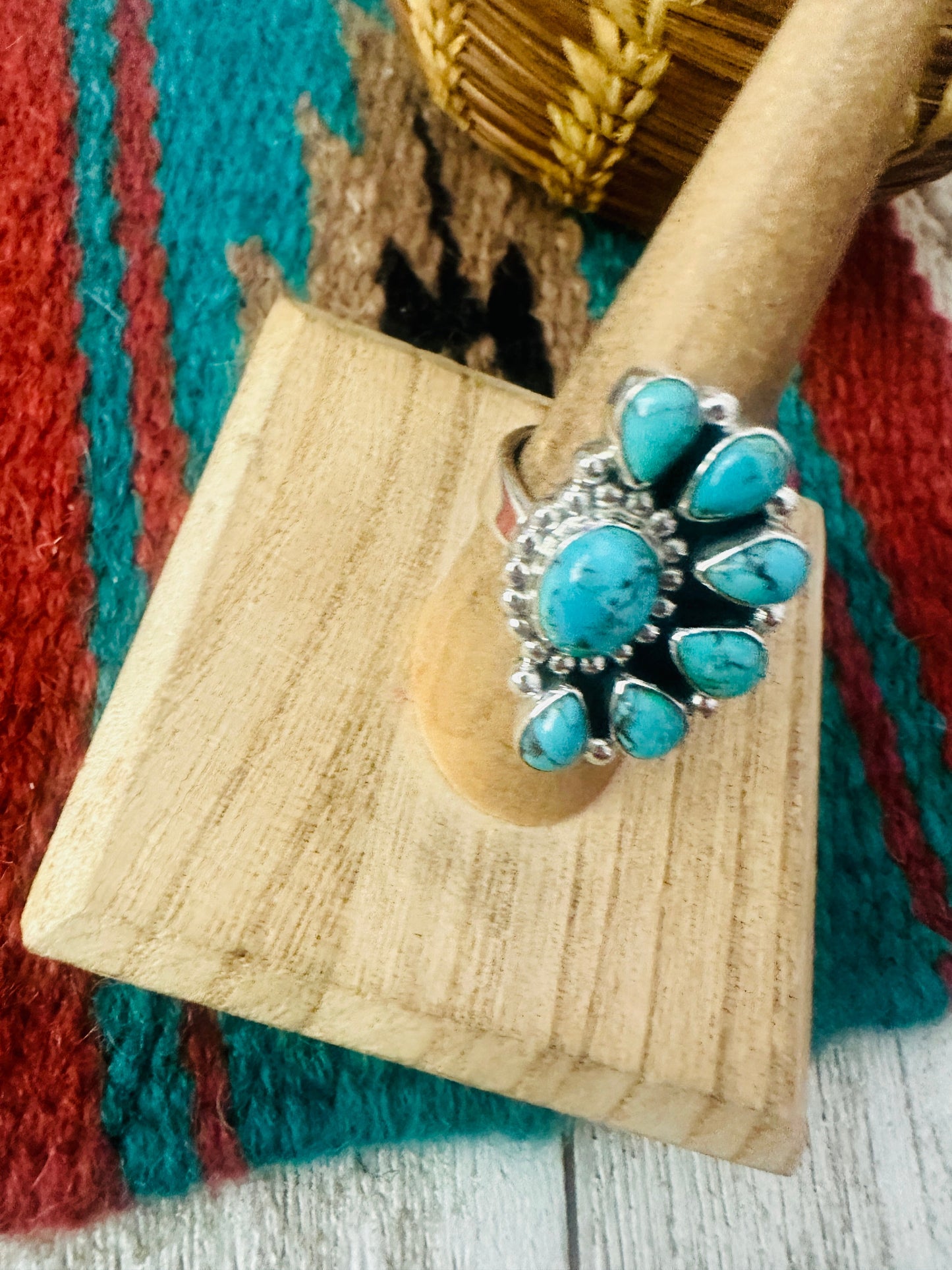 Handmade Turquoise And Sterling Silver Adjustable Cluster Crescent Ring