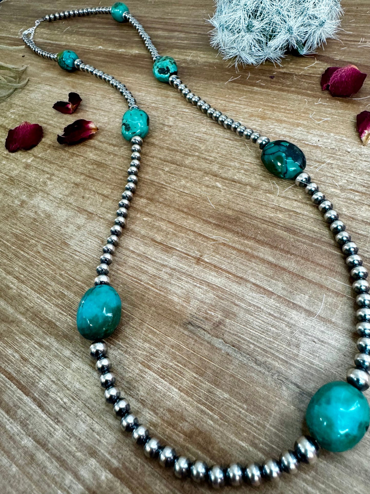 30 inch 5 mm Sterling Silver Pearls necklace with turquoise