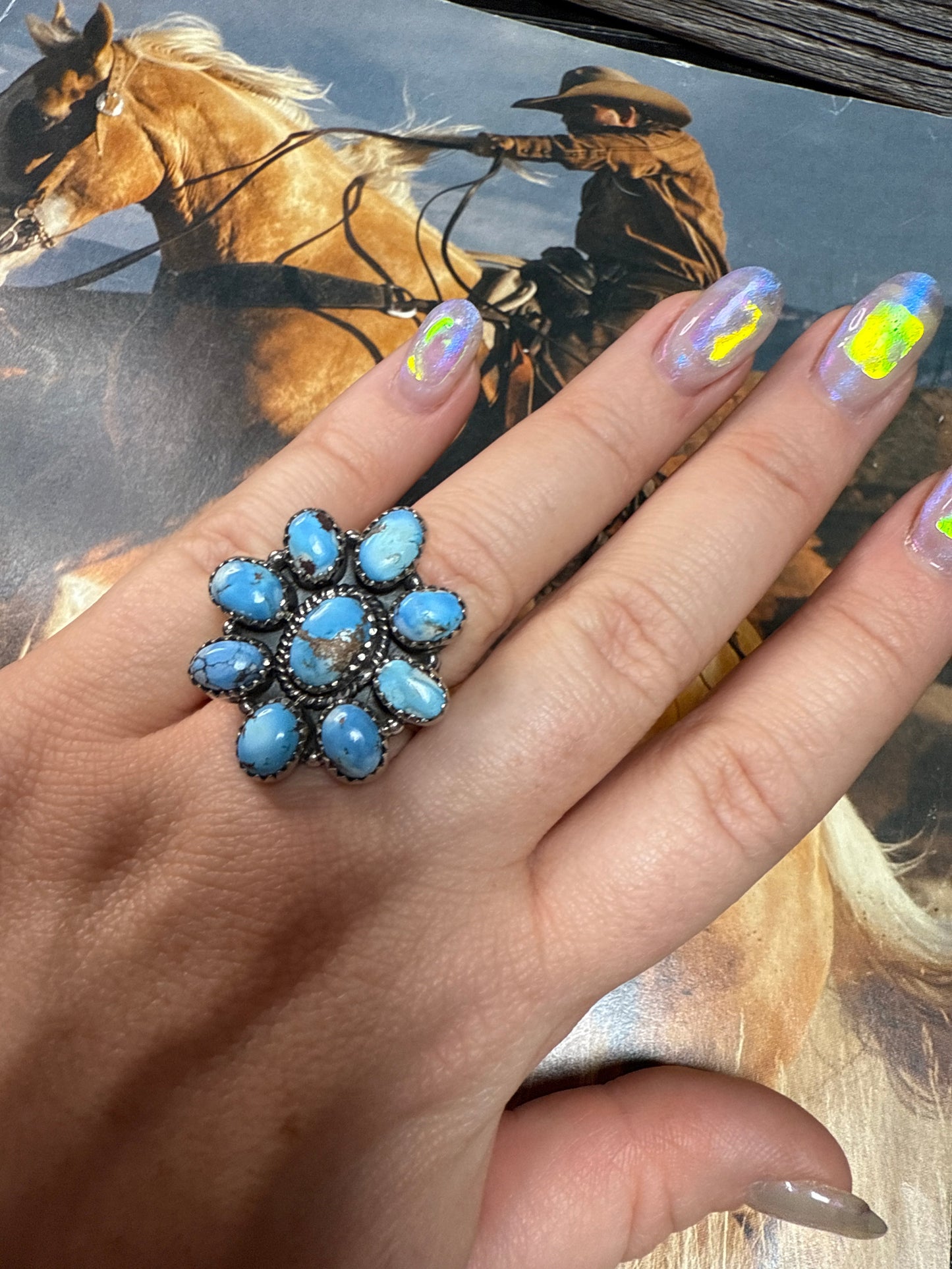 Handmade Golden Hills Turquoise & Sterling Adjustable Cluster Ring