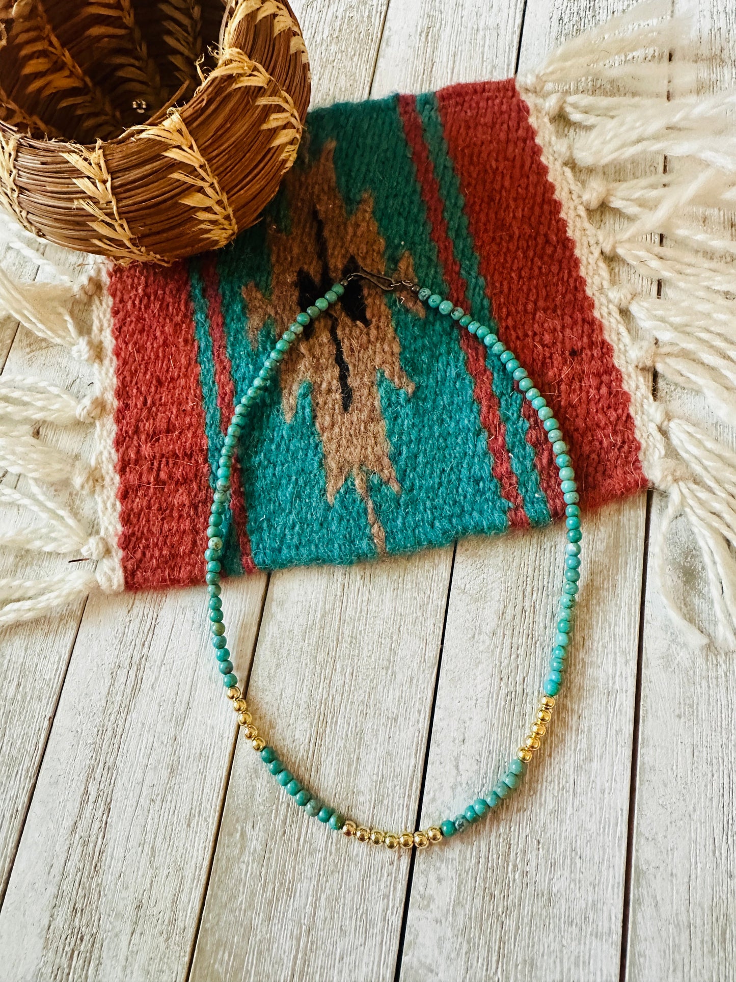 Navajo Turquoise & Gold Beaded 16” Necklace