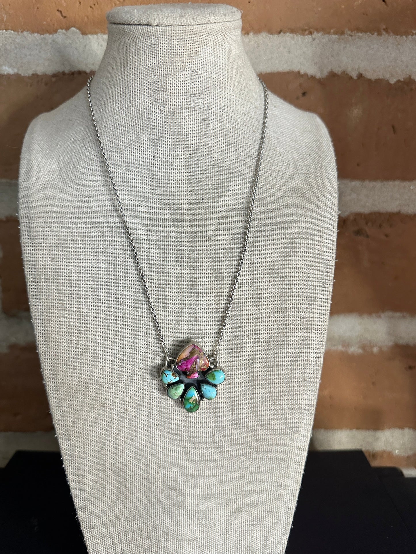 Handmade Pink Dream Mojave, Turquoise & Sterling Silver Spade Necklace