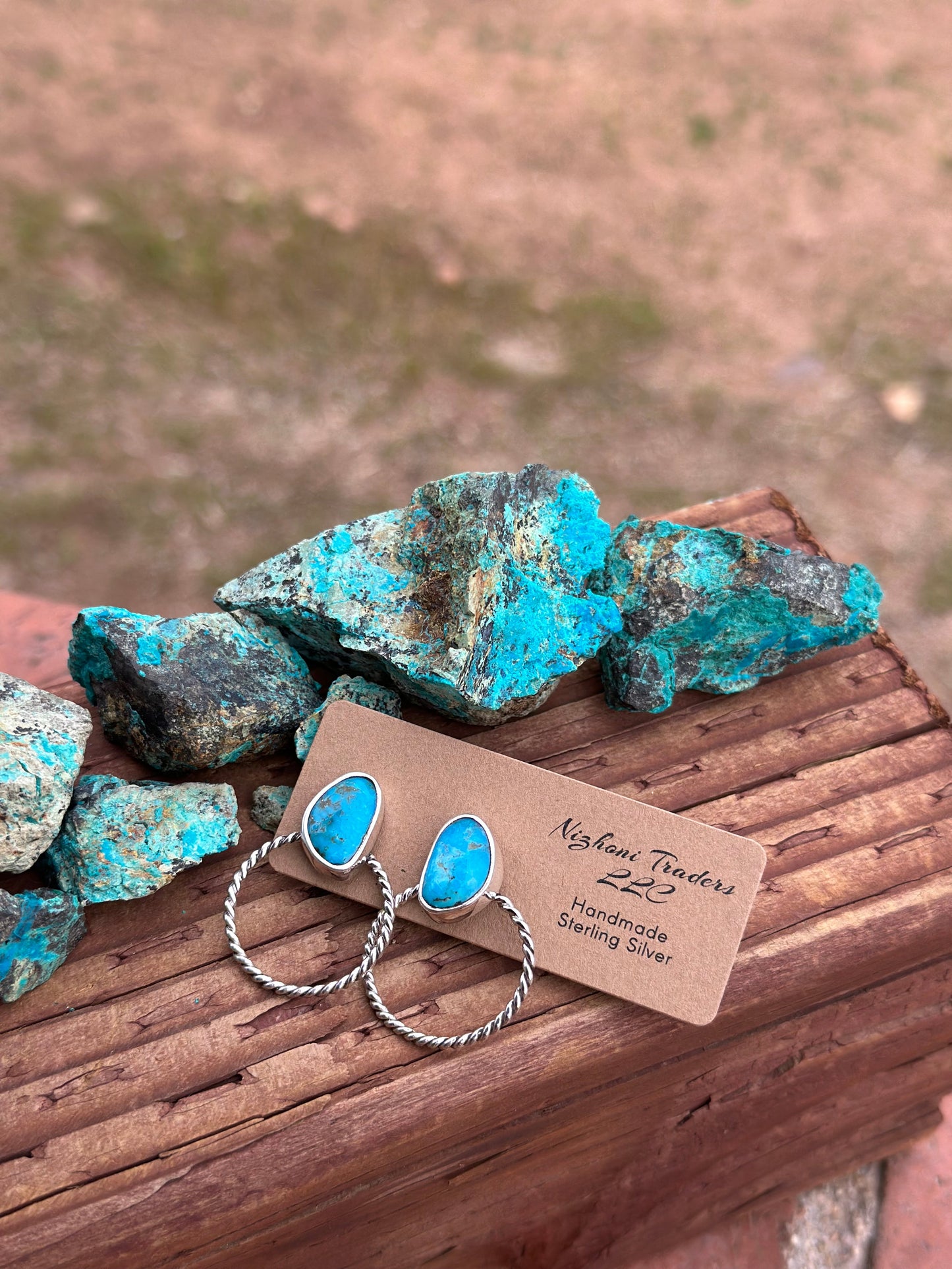 Handmade Kingman Turquoise & Sterling Silver Twisted Hoop Earrings