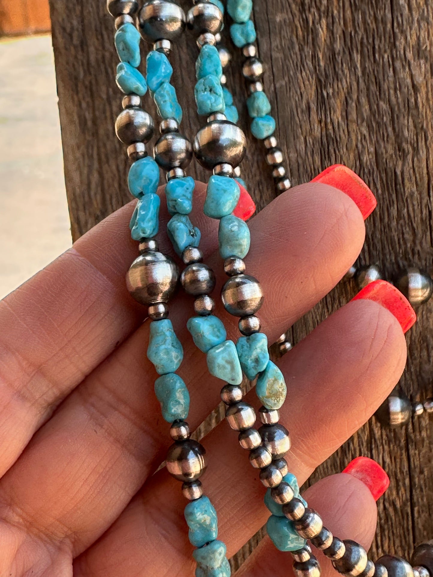 Navajo Kingman Turquoise & Sterling Silver 3mm-8mm Beaded Necklace