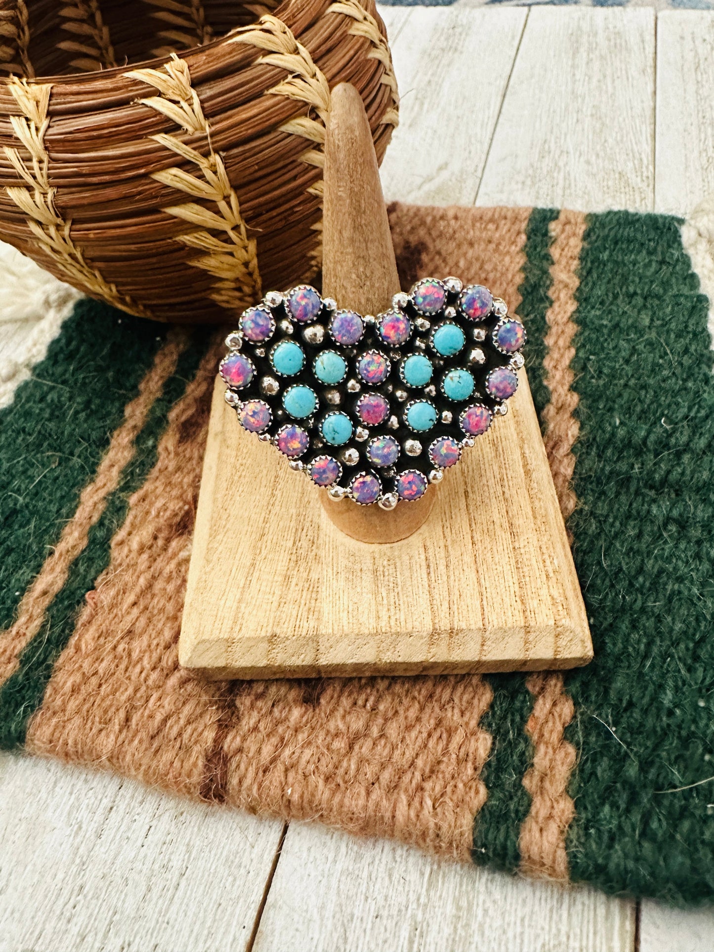 Navajo Sterling Silver, Opal & Turquoise Cluster Adjustable Heart Ring