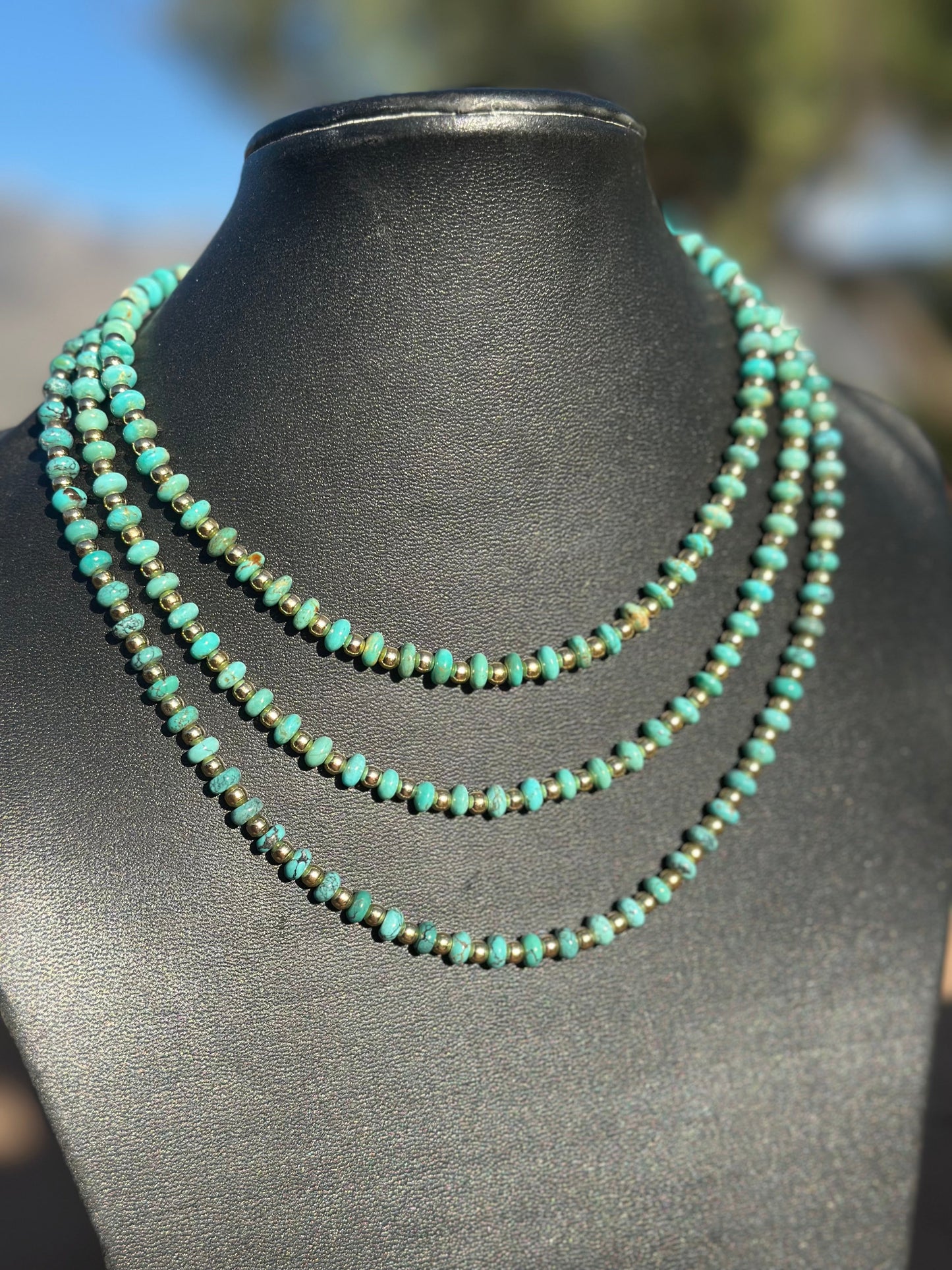 Gilded Sky Navajo Turquoise, Gold & Sterling Silver Beaded Necklace and Bracelets