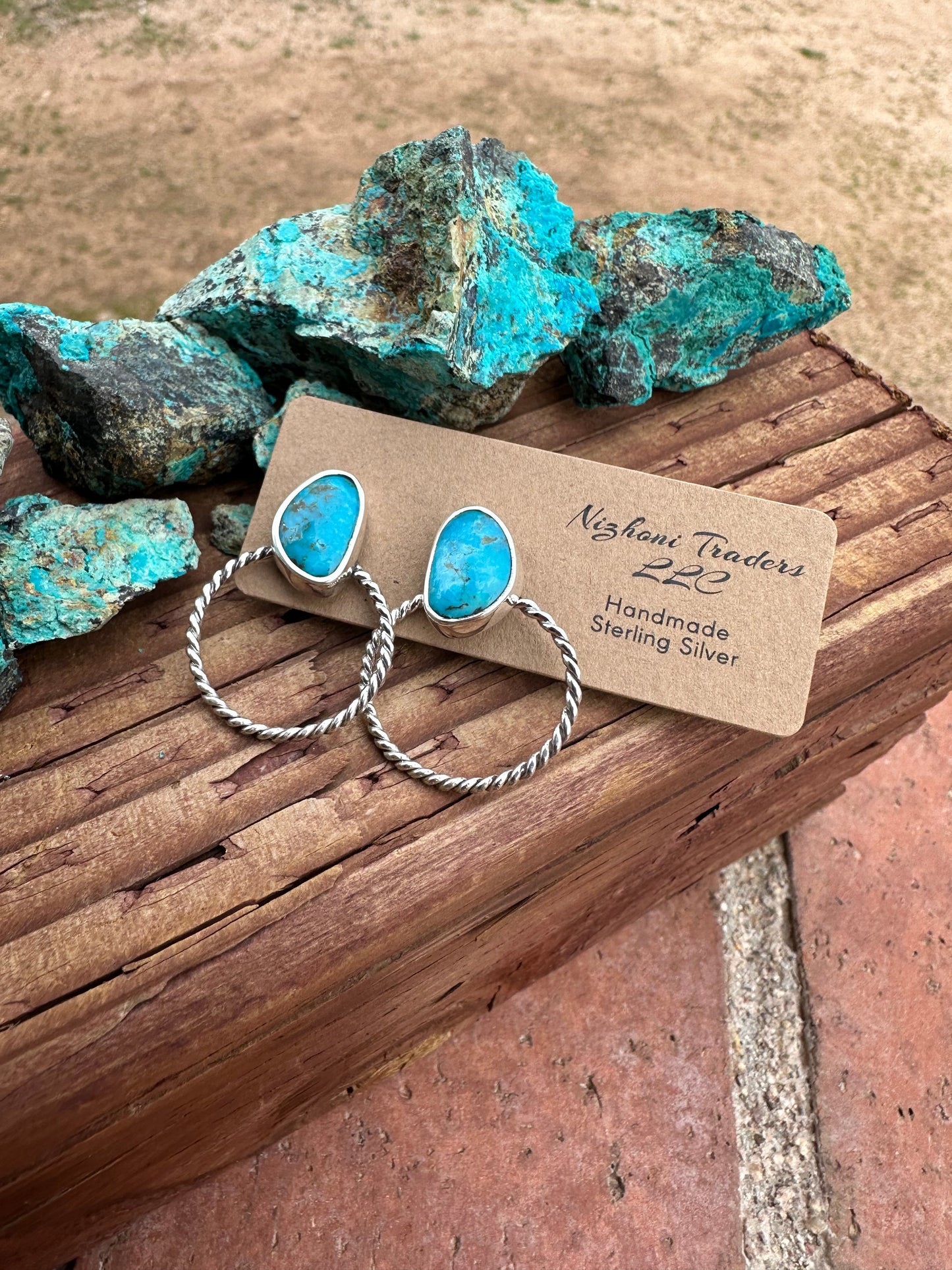 Handmade Kingman Turquoise & Sterling Silver Twisted Hoop Earrings