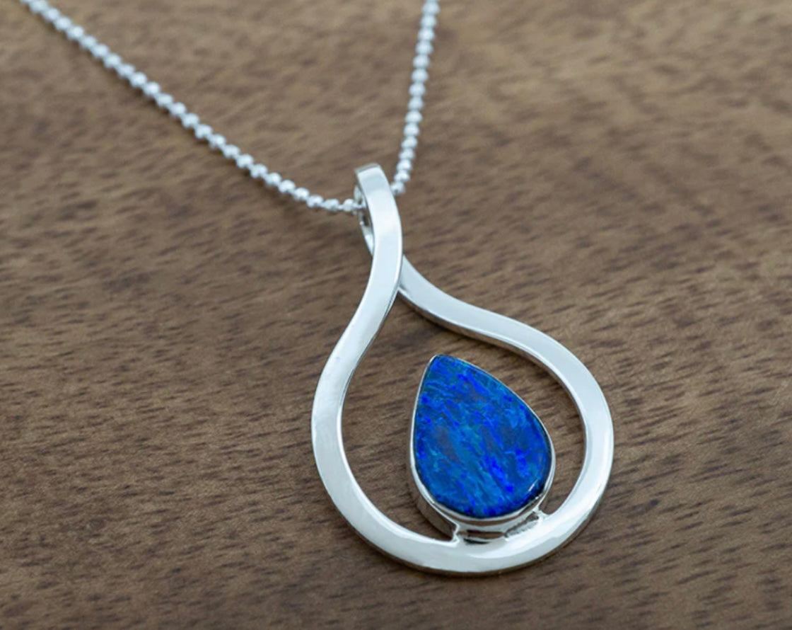 Dark Blue Opal Teardrop in Silver Frame Necklace