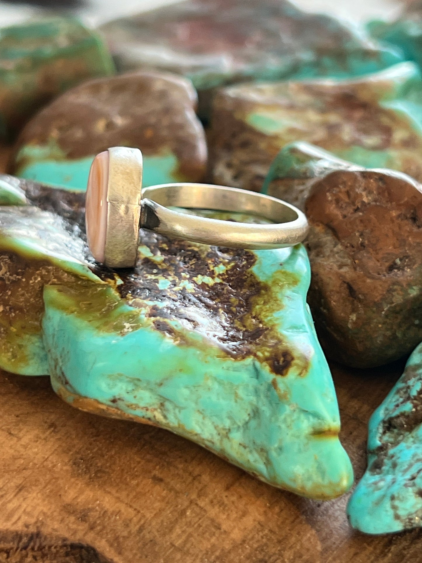 Navajo Made Sterling Silver and Oval Pink Conch Stacker Ring, Single Shank