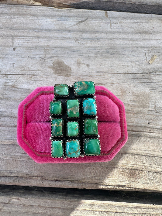 Handmade Emerald Valley Turquoise & Sterling Silver Adjustable Rectangle Cluster Ring