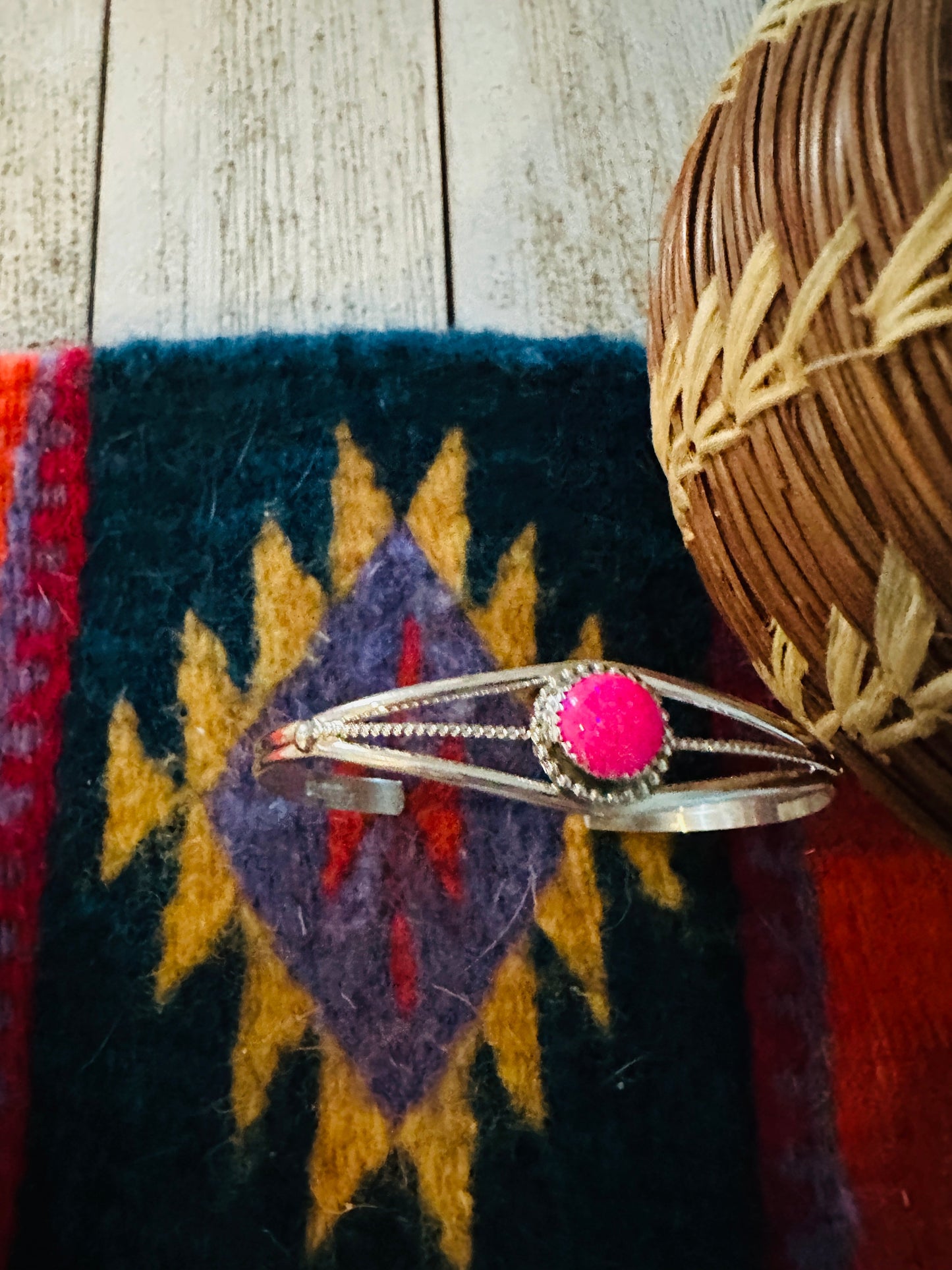 Navajo Sterling Silver & Hot Pink Opal Cuff Bracelet