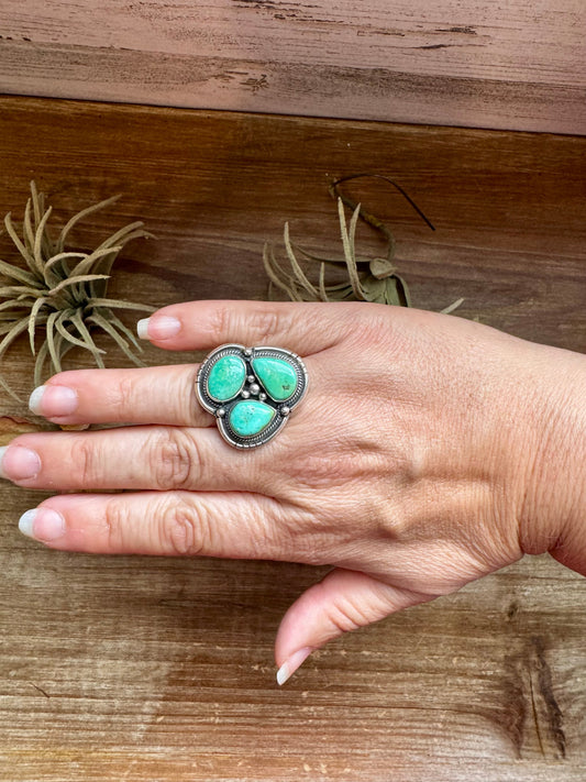 USA Made Green Turquoise Ring – 3 Stone, Round Shape, Size 7.5