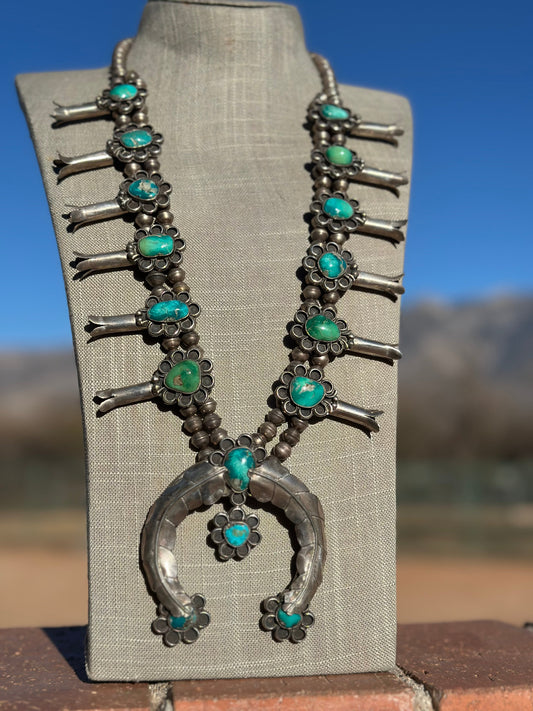 Estate Collection Old Pawn Navajo Turquoise & Sterling Silver Squash Blossom Necklace