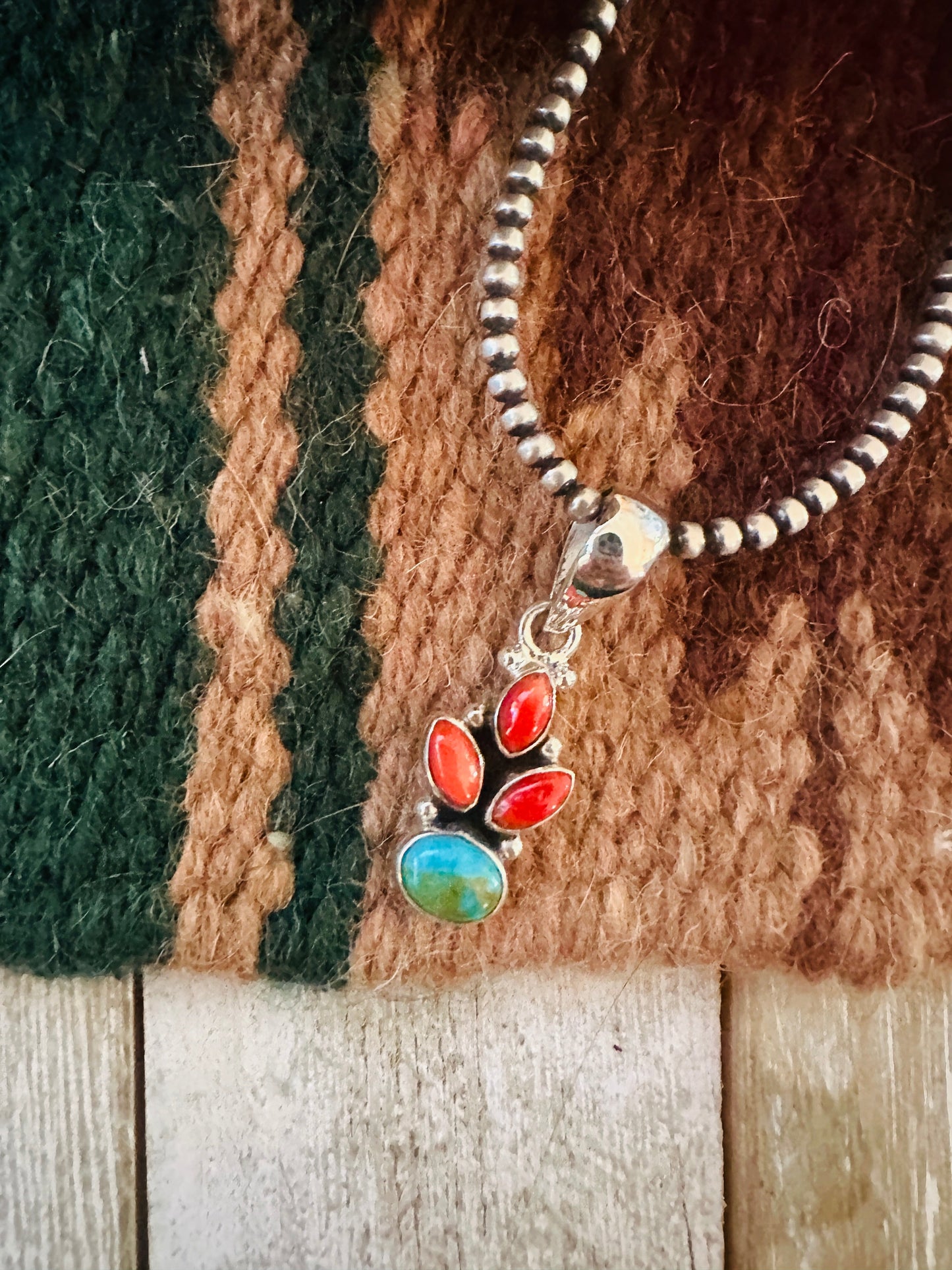 ** Christmas Collection ** Handmade Sterling Silver, Coral & Turquoise Pendant Signed Nizhoni