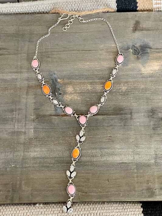Handmade Sterling Silver, Orange Spiny & Pink Conch Lariat Necklace