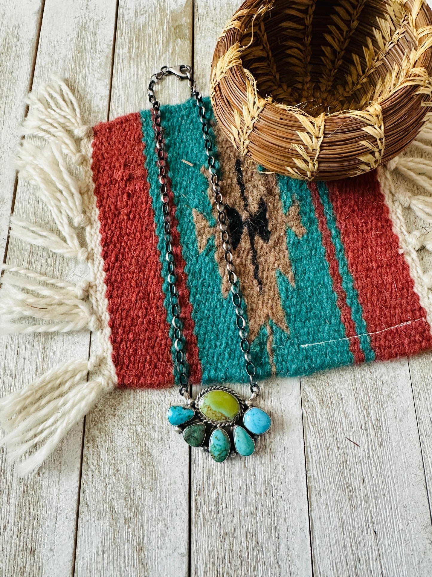 Navajo Sterling Silver & Turquoise Cluster Necklace by Elouise Kee