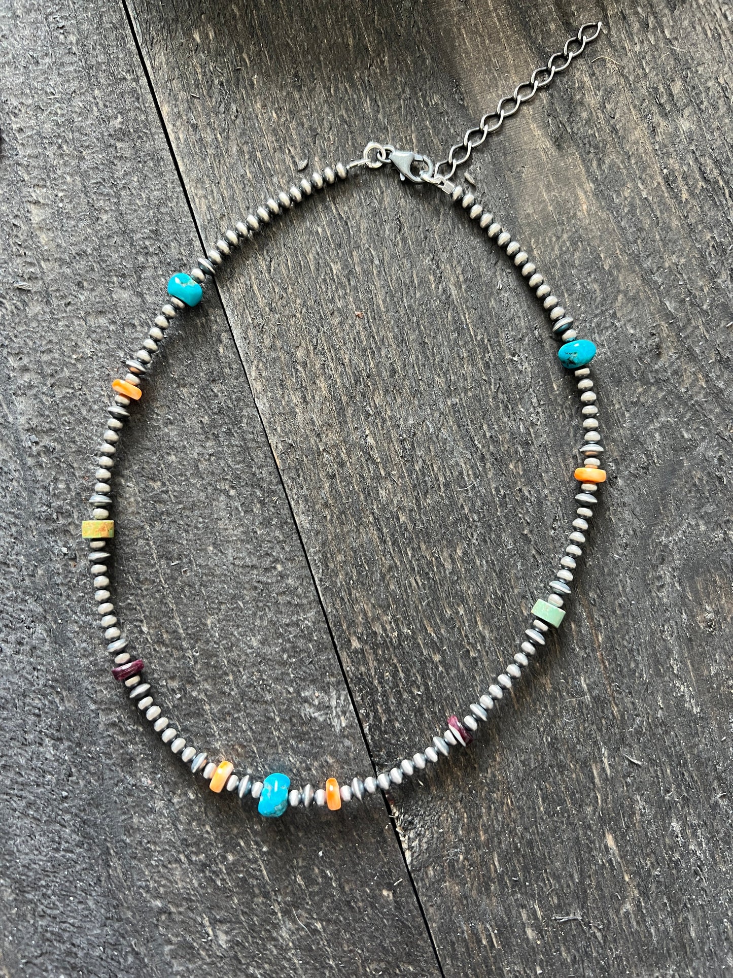 Summer Lovin’ Navajo Beaded Layering Necklace with Sterling Silver, Spiny Oyster Shell and Turquoise, 14 + 2”, The Color Drop
