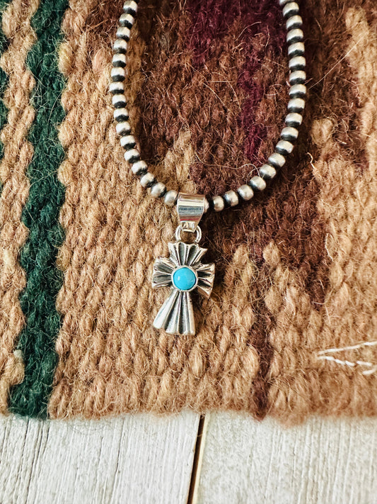 Navajo Turquoise & Sterling Silver Mini Cross Pendant