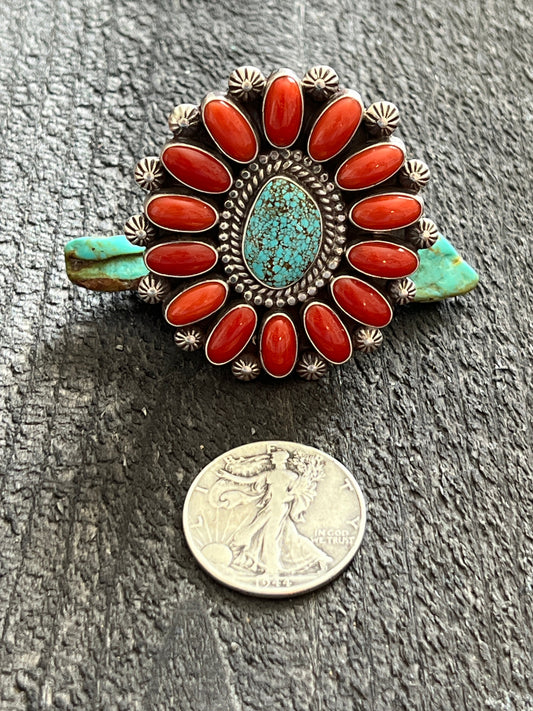 Navajo Sterling Silver, Mediterranean Coral and Spiderweb Kingman Cluster Ring, Adjustable