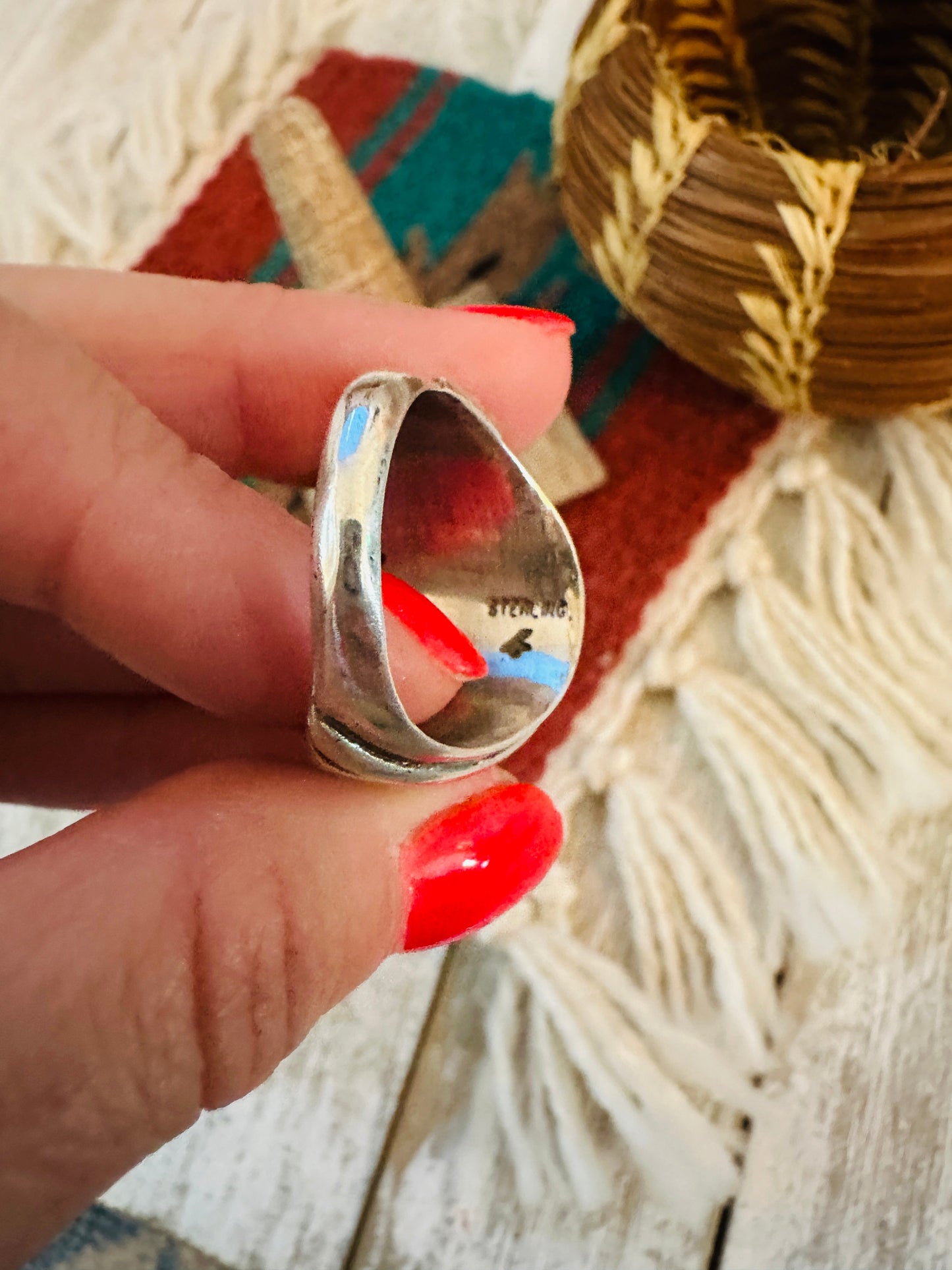 Navajo Turquoise & Sterling Silver Cigar Band Ring Size 9.75