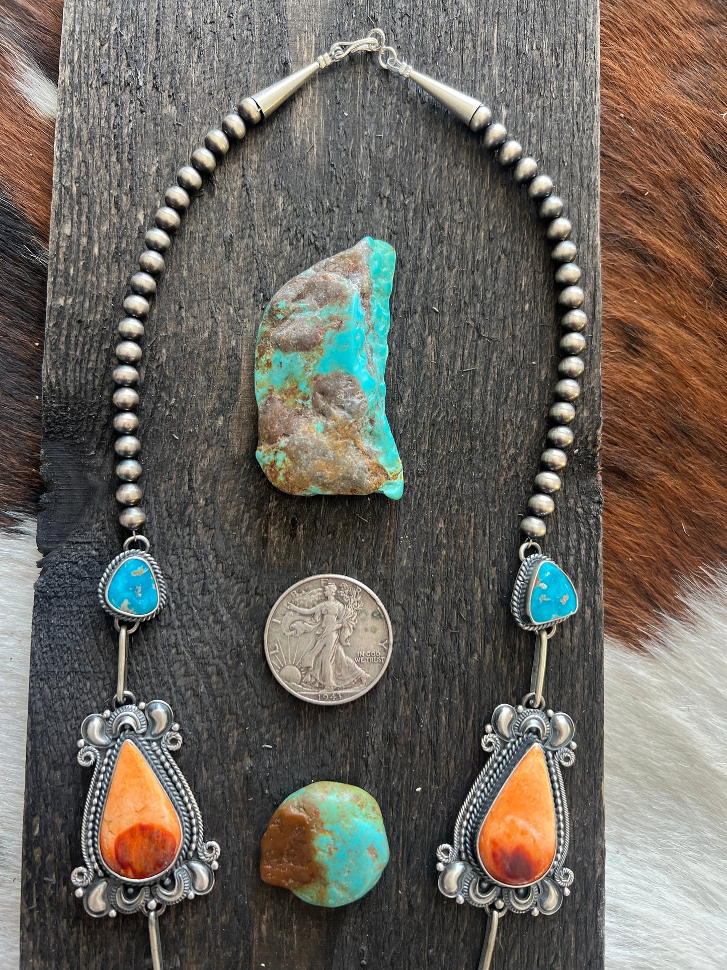 Navajo Sterling Silver, Spiny Oyster and Turquoise Link and Bead Necklace and Earrings Set by Derrick Gordon