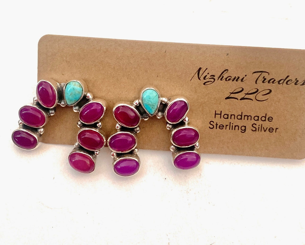 Handmade Pink Onyx, Turquoise & Sterling Silver Post Earrings Signed Nizhoni