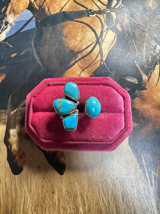 Handmade Turquoise & Sterling Adjustable Crescent Floating Stone Ring