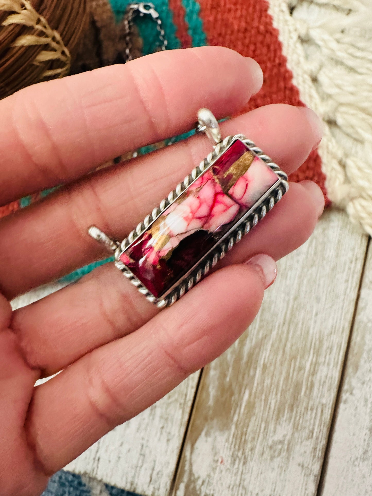 Navajo Rose Dahlia & Sterling Silver Bar Necklace