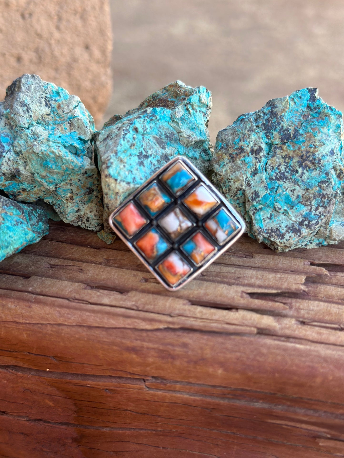 Beautiful Handmade Sterling Silver And Spice Square Adjustable Ring