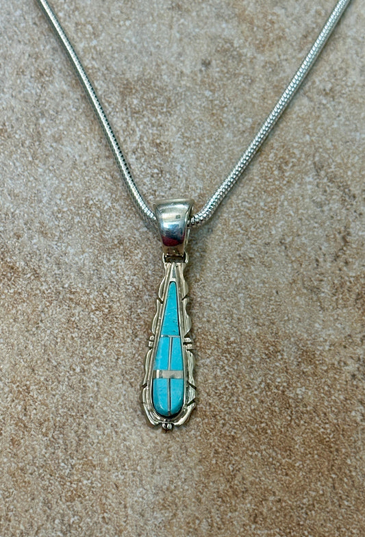 Navajo Turquoise 8 & Sterling Silver Jagged Pendant Necklace 24”