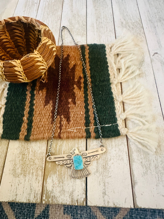 Navajo Turquoise & Sterling Silver Thunderbird Necklace by Russell Sam