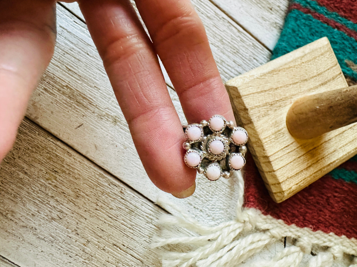 Navajo Sterling Silver & Queen Pink Conch Cluster Adjustable Ring