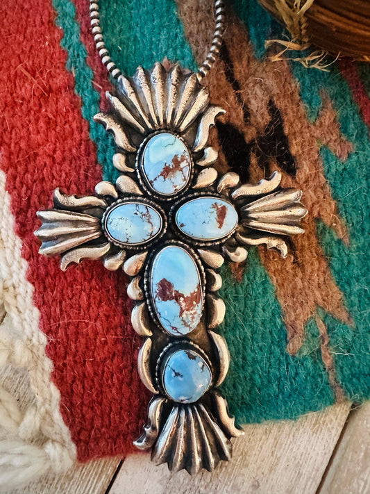 Navajo Golden Hills Turquoise & Sterling Silver Cross Pendant
