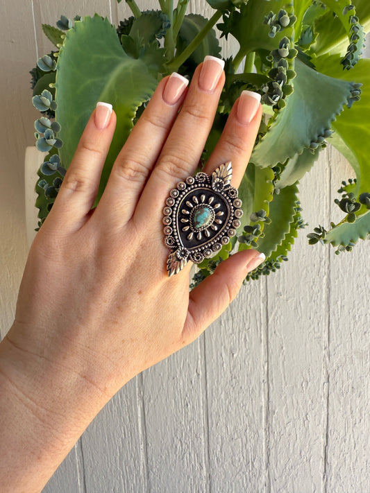 Beautiful Handmade Number 8 Turquoise And Sterling Silver Adjustable Statement Ring
