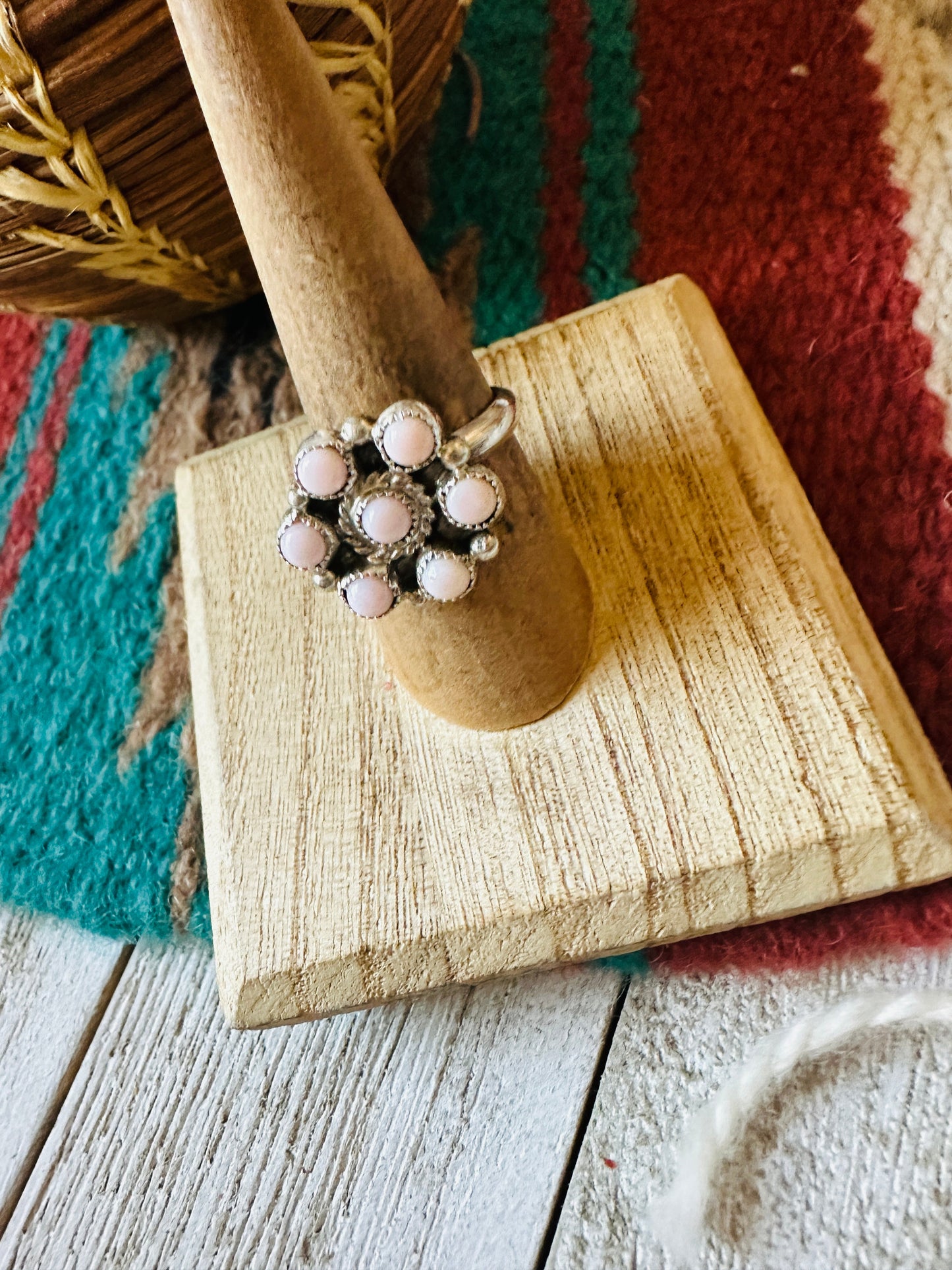 Navajo Sterling Silver & Queen Pink Conch Cluster Adjustable Ring