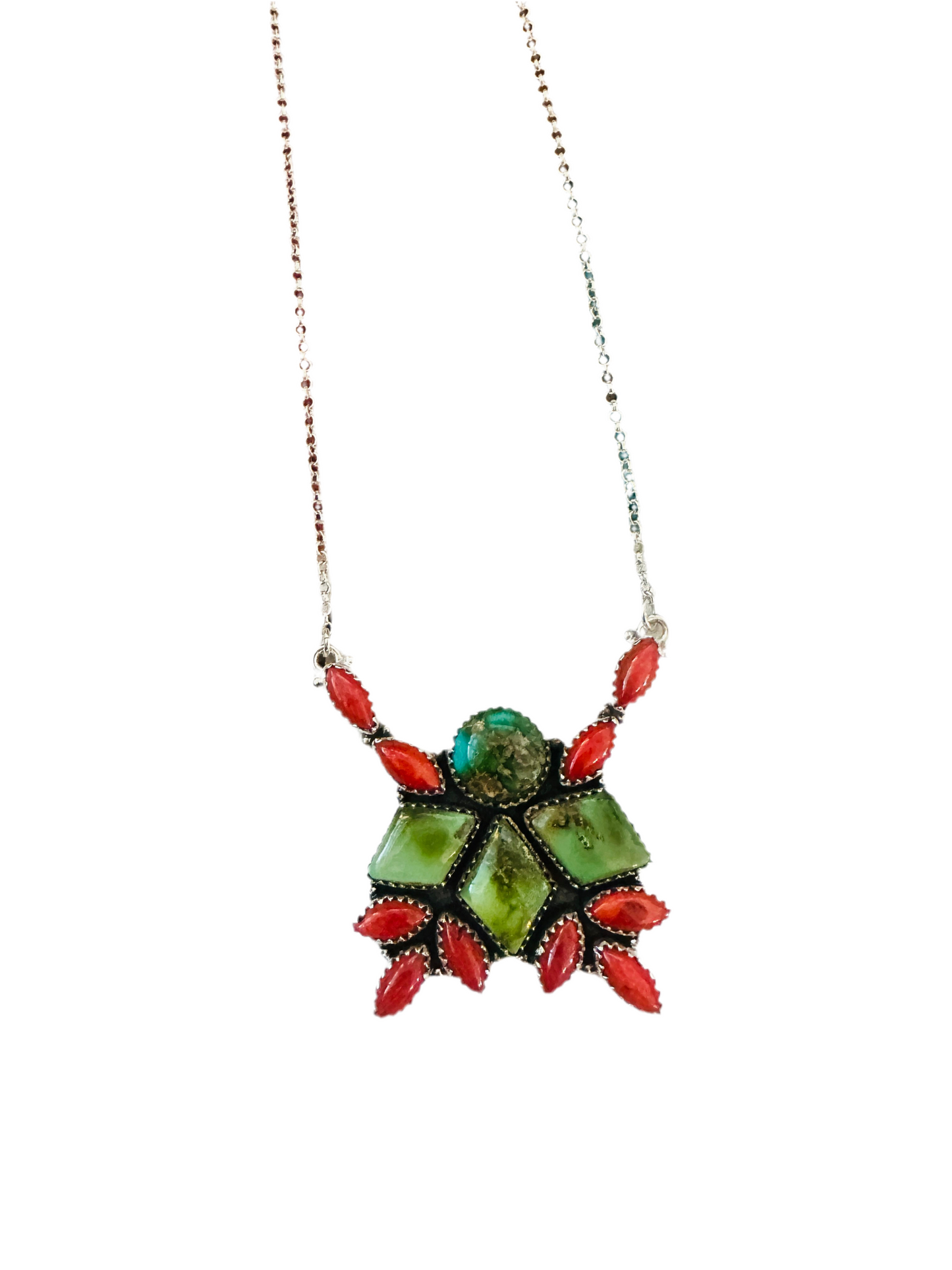** Christmas Collection ** Handmade Sterling Silver, Turquoise & Coral Necklace Signed Nizhoni