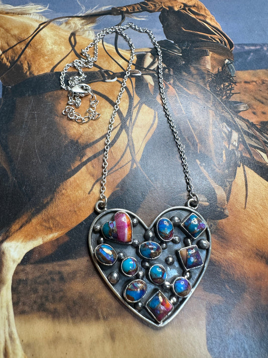 Handmade Pink & Purple Dream Mojave & Sterling Silver Heart Necklace