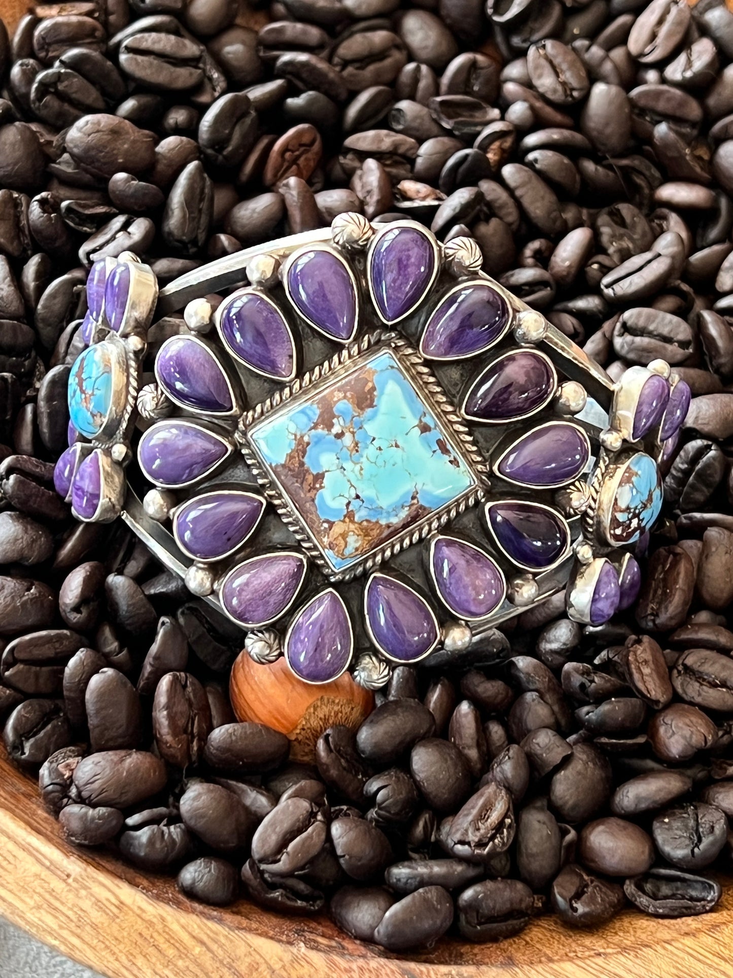 Navajo Sterling Silver, Charoite and Golden Hills Turquoise Cluster Cuff Bracelet by Tyler Brown