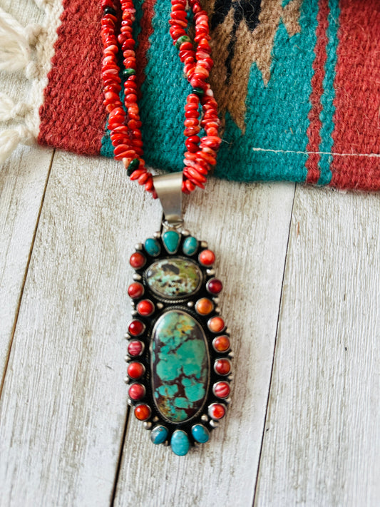 Navajo Sterling Silver, Spiny & Turquoise Cluster Beaded Necklace