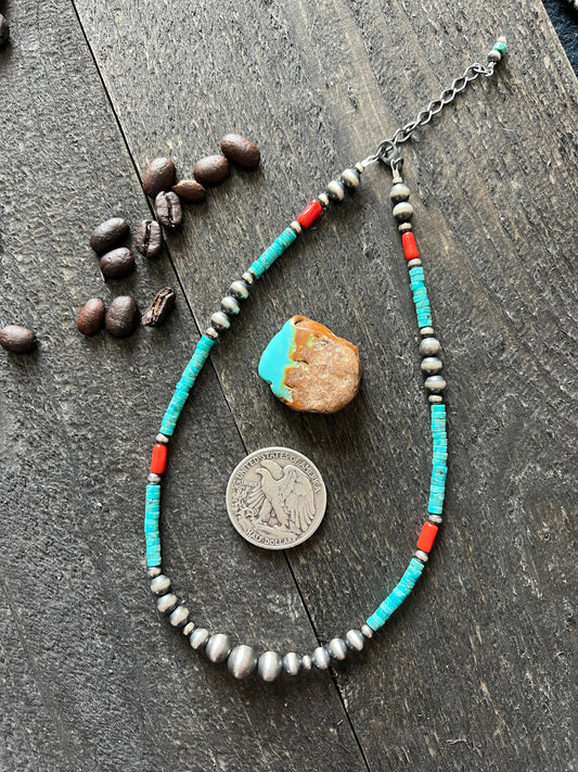 Summer Lovin’ Navajo Beaded Layering Necklace with Sterling Silver, Turquoise and Mediterranean Coral, 14” + 2”, The Beach Cruiser