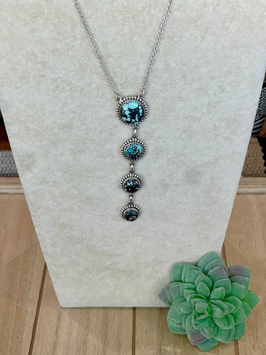 Handmade Sterling Silver & New Lander Turquoise Drop Necklace Signed Nizhoni