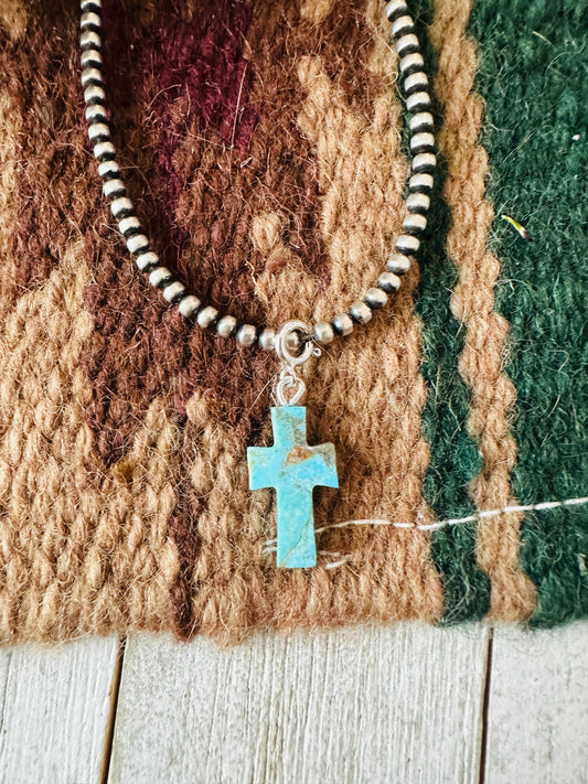 Navajo Hand Carved Turquoise Cross Charm