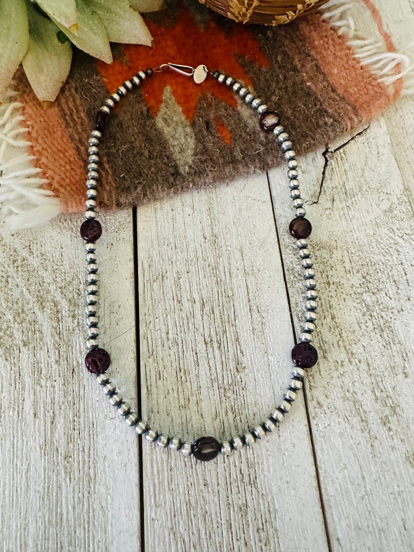 Navajo Purple Spiny & Sterling Silver Pearl Beaded 14” Necklace