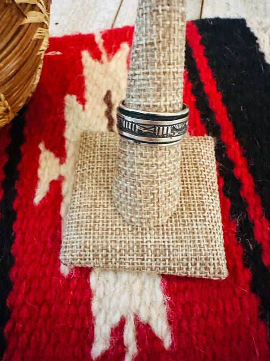 Navajo Hand Stamped Sterling Silver Storyteller Ring Size 8