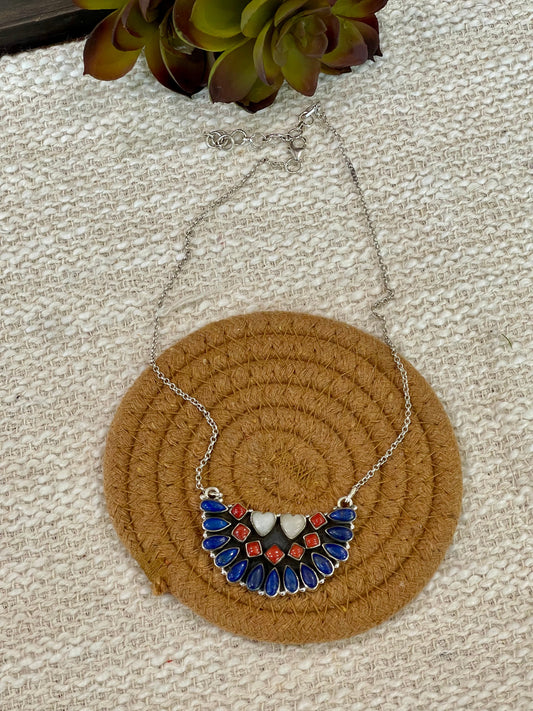 ** 4TH OF JULY ** Handmade Sterling Silver Synthetic Opal, Lapis & Coral Necklace with Signed Nizhoni