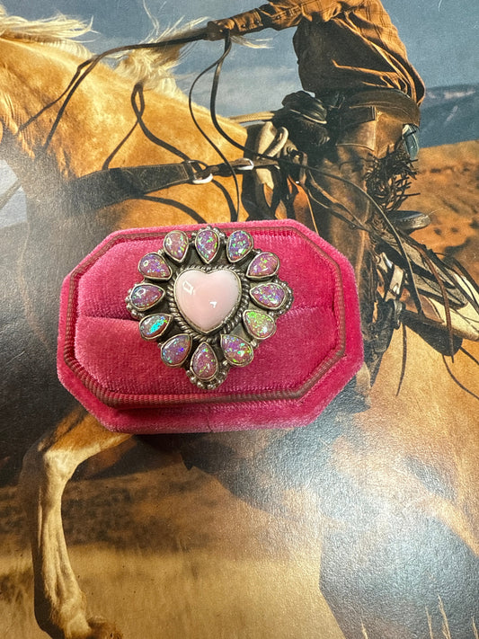 Handmade Pink Conch, Purple Fire Opal & Sterling Silver Adjustable Heart Ring